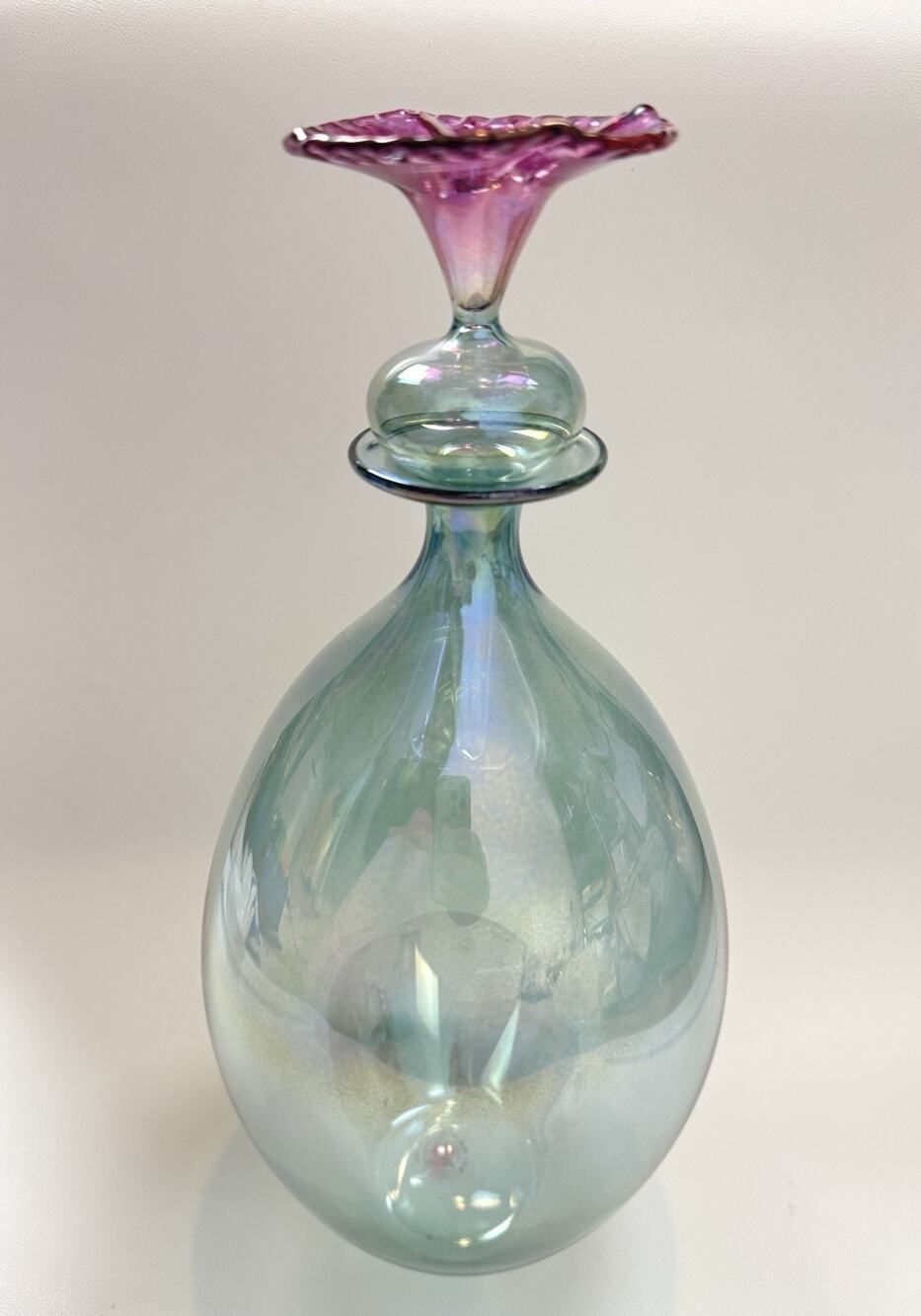 Vintage Parise Vetro Italy Hand Blown Art Glass Decanter Aqua Purple Flower